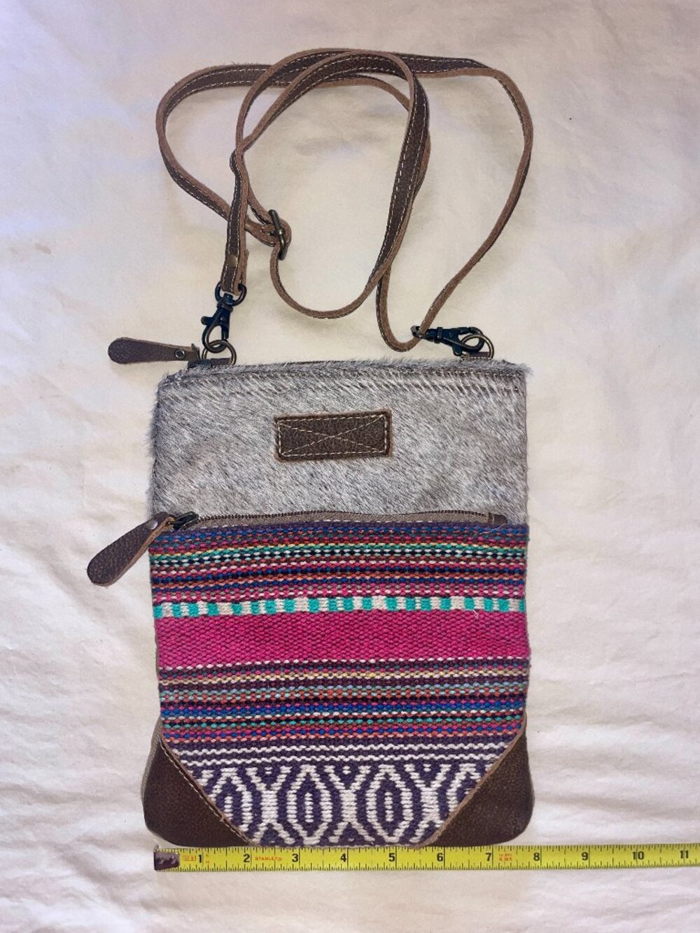 Myra Bag woven pink and brown leather/cotten zippered crossbody purse